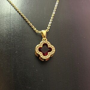 Elegant Gold and Garnet Color Clover With Pave Surround Pendant Necklace NEW